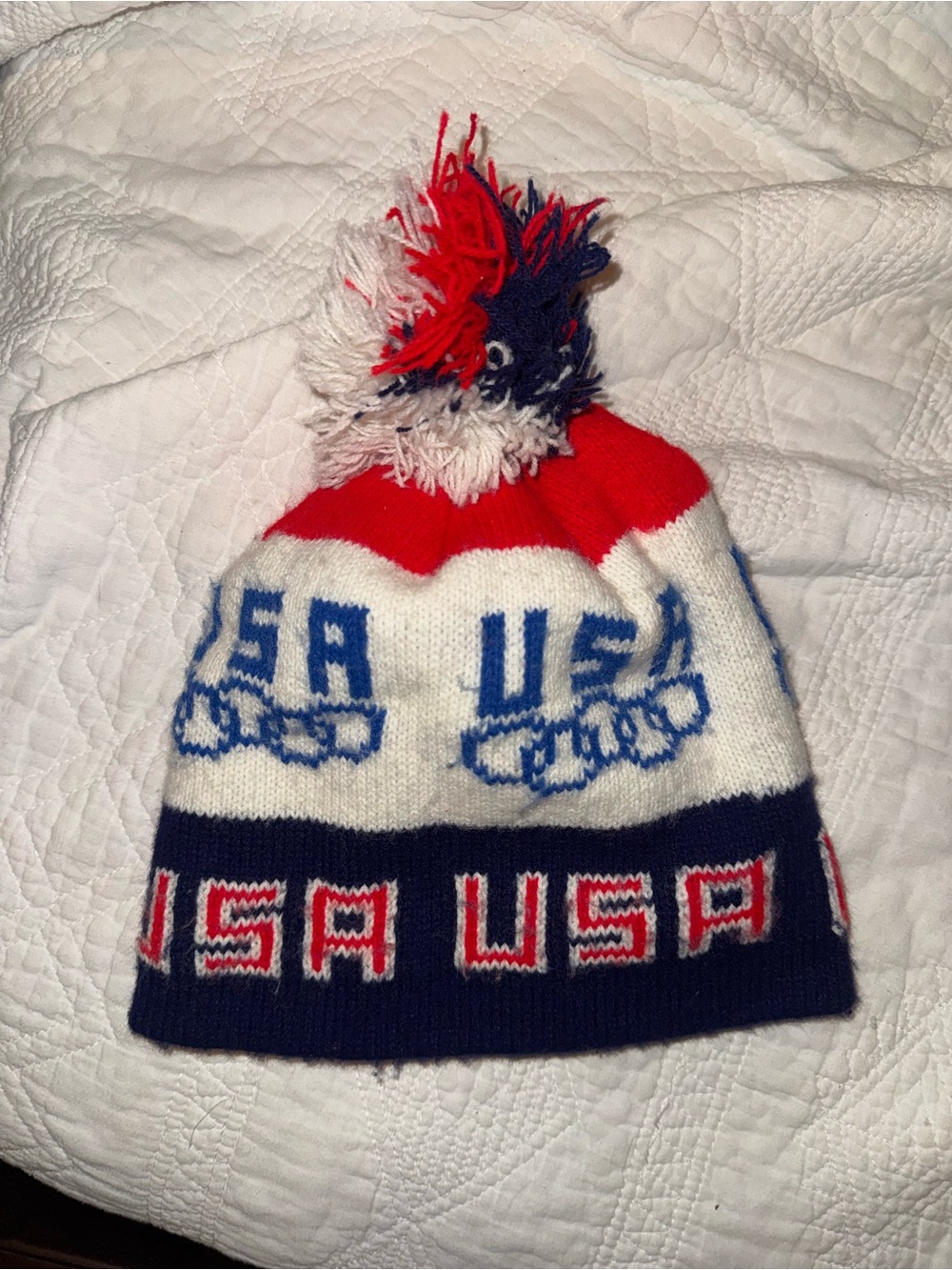 USA Red White and Blue Pom Pom Beanie